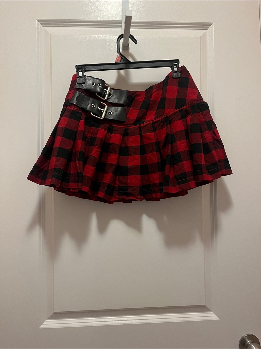 BONGO Red and Black Plaid Skater Mini Skirt with Double Buckle Waist